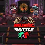 Hai nhân vật hoạt hình trên sân khấu có loa lớn với chữ Music Battle ở phía trước