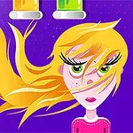 Hình ảnh một cô gái hoạt hình với mái tóc vàng bay, mắt xanh lá trên nền màu tím, cùng với các ống nghiệm màu sắc