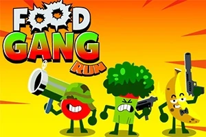 Ba nhân vật thực phẩm hoạt hình mang vũ khí trên nền vàng cam với dòng chữ lớn phía trên