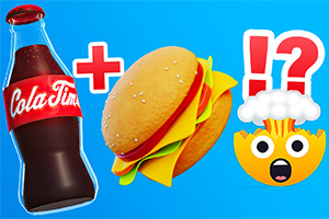 Chai nước ngọt, bánh hamburger và biểu tượng mặt cười bất ngờ trên nền xanh