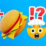 Chai nước ngọt, bánh hamburger và biểu tượng mặt cười bất ngờ trên nền xanh