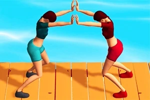 Hai người hoạt hình đối diện nhau với tay cùng chạm vào nhau trên một sàn gỗ, với nền trời xanh
