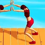 Hai người hoạt hình đối diện nhau với tay cùng chạm vào nhau trên một sàn gỗ, với nền trời xanh
