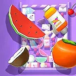 Một lát dưa hấu, một quả hồng, một nửa quả dừa, một bình nước trái cây và vài quả cherry trên nền màu tím