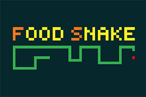 Dòng chữ FOOD SNAKE với màu sắc pixel màu cam và vàng phía trên, bên dưới là đường cong màu xanh tượng trưng cho con rắn trên nền đen