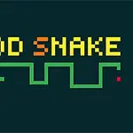 Dòng chữ FOOD SNAKE với màu sắc pixel màu cam và vàng phía trên, bên dưới là đường cong màu xanh tượng trưng cho con rắn trên nền đen