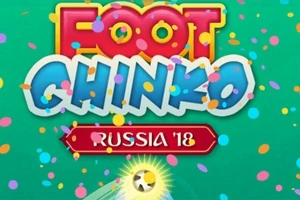 Hình ảnh nền xanh lá cây với chữ Foot Chinko lớn đầy màu sắc, biểu tượng quả bóng và chữ Russia 18 ở phía dưới, kèm theo những mảnh giấy nhiều màu bay xung quanh