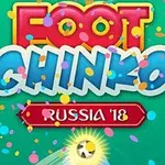 Hình ảnh nền xanh lá cây với chữ Foot Chinko lớn đầy màu sắc, biểu tượng quả bóng và chữ Russia 18 ở phía dưới, kèm theo những mảnh giấy nhiều màu bay xung quanh