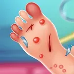 Bàn chân hoạt hình bị thương với vết xước và bọng đỏ, có mảnh thủy tinh cắm vào và các công cụ y tế ở nền phía sau