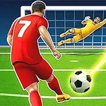 Cầu thủ mặc áo đỏ số 7 sút bóng vào khung thành có thủ môn mặc đồ vàng đang bay người cản phá