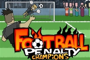 Cầu thủ sút phạt đền với thủ môn đang đẩy bóng, có khán giả cổ vũ, chữ Football Penalty Champions nổi bật phía trước