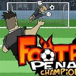 Cầu thủ sút phạt đền với thủ môn đang đẩy bóng, có khán giả cổ vũ, chữ Football Penalty Champions nổi bật phía trước