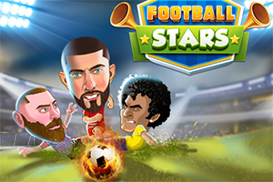 Hai cầu thủ hoạt hình với khuôn mặt lớn tranh bóng giữa sân vận động, với tên Football Stars nổi bật phía trên