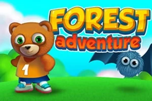 Gấu mặc áo số 1 đứng trên cỏ xanh với con dơi màu xanh và chữ Forest Adventure lớn ở phía sau