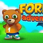Gấu mặc áo số 1 đứng trên cỏ xanh với con dơi màu xanh và chữ Forest Adventure lớn ở phía sau