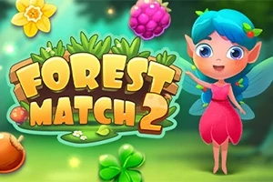 Cô tiên nhỏ với áo hồng đứng cạnh logo Forest Match 2 và các biểu tượng hoa quả, lá cỏ