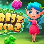 Cô tiên nhỏ với áo hồng đứng cạnh logo Forest Match 2 và các biểu tượng hoa quả, lá cỏ