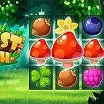 Một hình ảnh màu sắc với tiêu đề Forest Match bên cạnh lưới gồm các biểu tượng nấm, quả dâu, hoa vàng, và cỏ ba lá trên nền rừng xanh