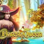 Một nữ hoàng rừng mặc váy tím và đội mũ đỏ đứng cạnh một khu rừng đầy màu sắc với cây cối rực rỡ và dòng suối nhỏ