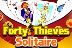 Hai lá bài vua và jack với hình ảnh nhân vật hoạt hình, cùng dòng chữ lớn Forty Thieves Solitaire nổi bật trên nền đỏ và vàng