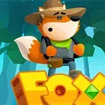 Một con cáo hoạt hình đội mũ phiêu lưu đứng trên chữ FOX lớn màu vàng trong rừng