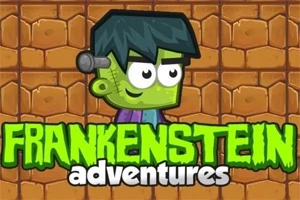 Hình ảnh một nhân vật với làn da xanh và kiểu tóc đen bên cạnh dòng chữ Frankenstein Adventures trên nền gạch màu nâu