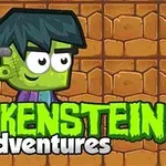 Hình ảnh một nhân vật với làn da xanh và kiểu tóc đen bên cạnh dòng chữ Frankenstein Adventures trên nền gạch màu nâu