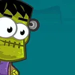 Nhân vật hoạt hình Frankenstein màu xanh lá cây với mái tóc đen và các đường khâu trên mặt, nhìn sang bên phải trên nền xanh dương
