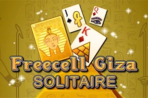 Thẻ bài với hình ảnh Ai Cập cổ đại và chữ Freecell Giza Solitaire trên nền vàng có họa tiết kim tự tháp