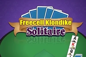 Hình ảnh có các lá bài màu xanh trên nền tím với chữ Freecell Klondike Solitaire nổi bật kèm theo một dải băng và một bộ bài xếp bên phải