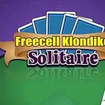 Hình ảnh có các lá bài màu xanh trên nền tím với chữ Freecell Klondike Solitaire nổi bật kèm theo một dải băng và một bộ bài xếp bên phải