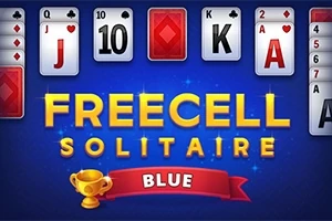Thẻ bài với tiêu đề FREECELL SOLITAIRE BLUE trên nền xanh cùng chiếc cúp vàng và dải ruy băng đỏ