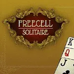 Hình ảnh có nền vàng với tiêu đề Freecell Solitaire trang trí hoa văn và bốn lá bài ở góc dưới bên phải