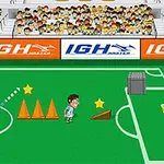Cầu thủ hoạt hình trên sân bóng với các chướng ngại vật và sao vàng, có khán đài phía sau