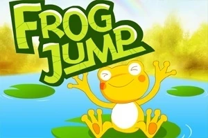 Hình ảnh của một con ếch màu vàng vui vẻ ngồi trên lá sen, phía trên có chữ Frog Jump