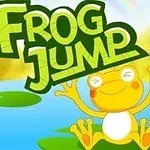 Hình ảnh của một con ếch màu vàng vui vẻ ngồi trên lá sen, phía trên có chữ Frog Jump