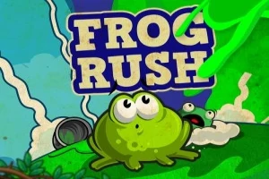 Một con ếch hoạt hình màu xanh lá cây với biểu cảm hài hước nằm trước chữ FROG RUSH lớn ở giữa hình