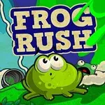Một con ếch hoạt hình màu xanh lá cây với biểu cảm hài hước nằm trước chữ FROG RUSH lớn ở giữa hình