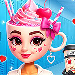 Nhân vật hoạt hình với đầu hình tách trà, trang trí nơ hồng và trái tim, cùng bối cảnh hậu trường có tủ đồ màu xanh và hai nhân vật khác cười vui vẻ