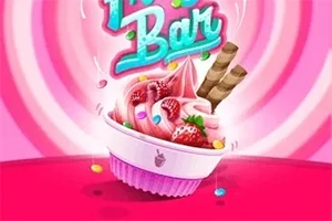 Cốc kem màu hồng với dâu tây, bánh quế và kẹo màu sắc trang trí trên nền vòng xoáy hồng