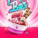 Cốc kem màu hồng với dâu tây, bánh quế và kẹo màu sắc trang trí trên nền vòng xoáy hồng