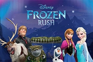 Các nhân vật hoạt hình đứng trước phông nền băng giá với dòng chữ Frozen Rush