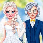Cô dâu với váy cưới trắng và chú rể mặc vest xanh đứng cạnh nhau trước nền mờ màu sắc tươi sáng