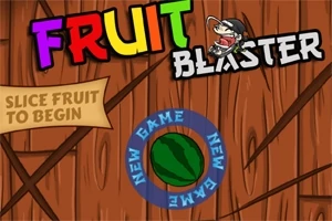 Hình ảnh có chữ Fruit Blaster đầy màu sắc trên nền gỗ, với lời nhắc Slice Fruit to Begin và một hình quả dưa hấu ở trung tâm