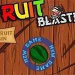 Hình ảnh có chữ Fruit Blaster đầy màu sắc trên nền gỗ, với lời nhắc Slice Fruit to Begin và một hình quả dưa hấu ở trung tâm