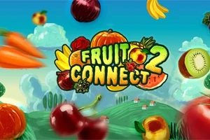 Hình ảnh có logo Fruit Connect 2 với các loại trái cây và rau củ như cà rốt, kiwi, nho, chuối, và hành tây nổi bật trên nền trời xanh