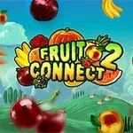 Hình ảnh có logo Fruit Connect 2 với các loại trái cây và rau củ như cà rốt, kiwi, nho, chuối, và hành tây nổi bật trên nền trời xanh