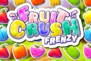 Hình ảnh hiển thị dòng chữ đầy màu sắc Fruit Crush Frenzy với các hình ảnh hoa quả sắc nét ở nền