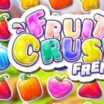 Hình ảnh hiển thị dòng chữ đầy màu sắc Fruit Crush Frenzy với các hình ảnh hoa quả sắc nét ở nền