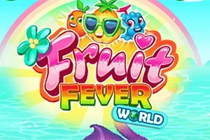 Hình ảnh có chữ Fruit Fever World với các nhân vật trái cây vui nhộn trên nền cầu vồng và cảnh biển